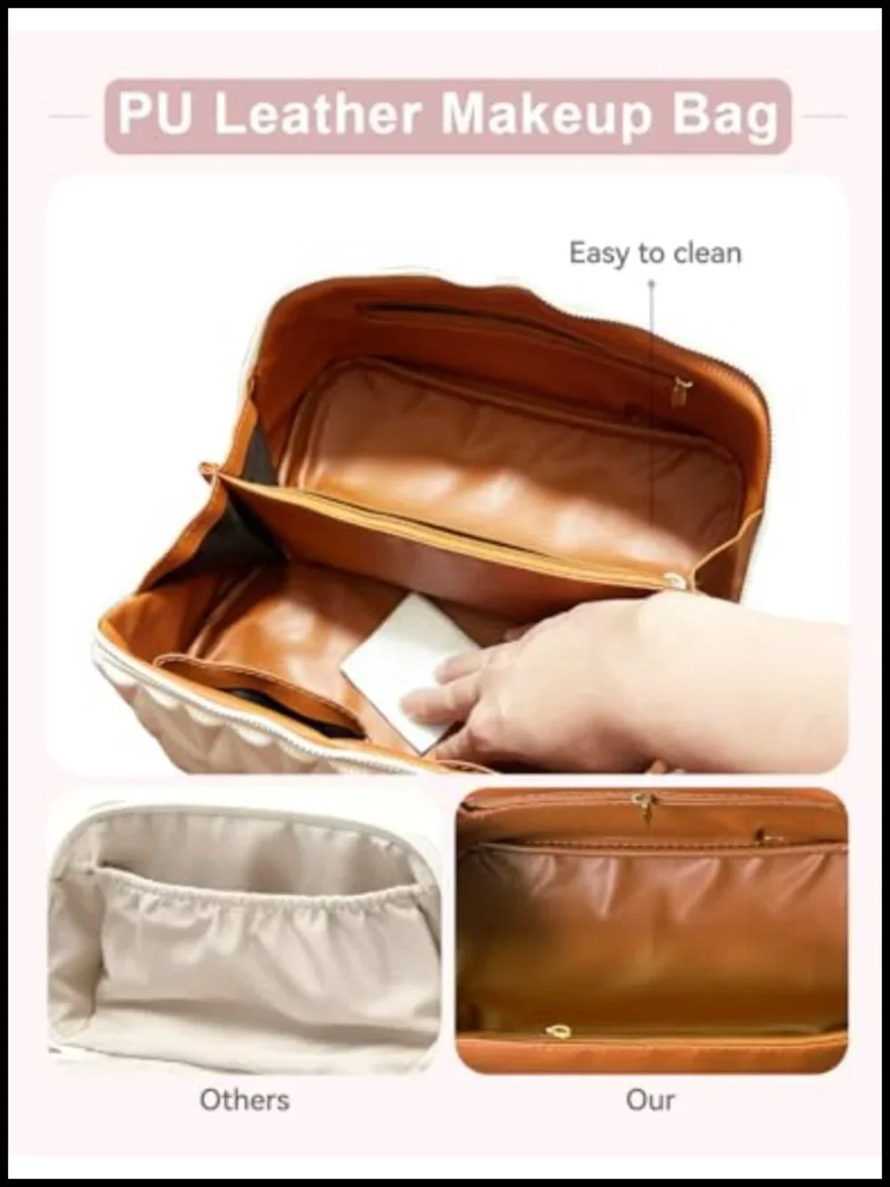 Large Capacity PU Leather Cosmetic Bag with Divider and Handle, Waterproof